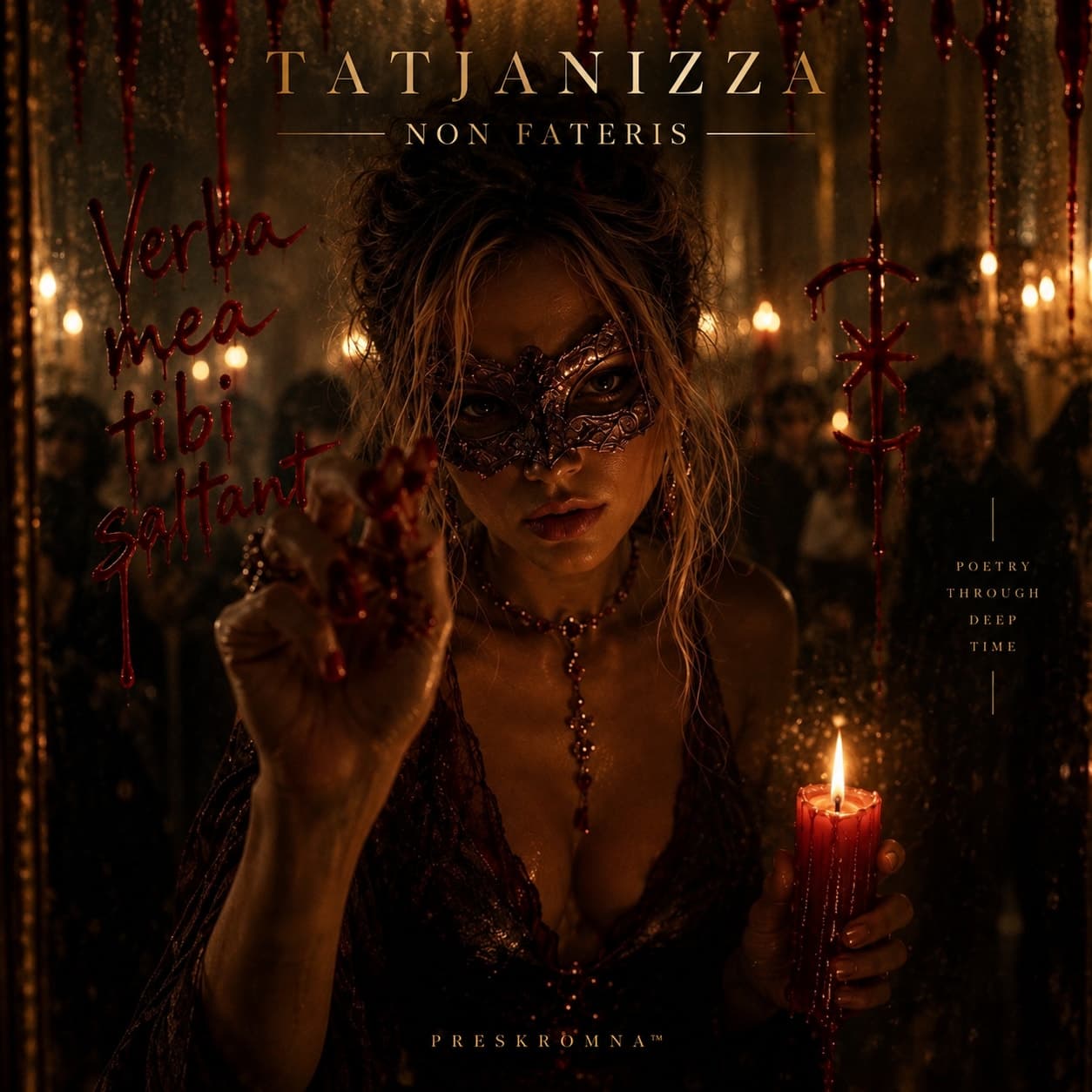 The cover of Non Fateris. A woman in a lace masquerade mask stands in a dark hall hung with chandeliers, a crowd blurred behind her. She holds a red candle in one hand and raises the other, its fingers wet with blood, having written Verba mea tibi saltant in blood down the glass in front of her. The cover reads TATJANIZZA, NON FATERIS, and down the right side, POETRY THROUGH DEEP TIME.