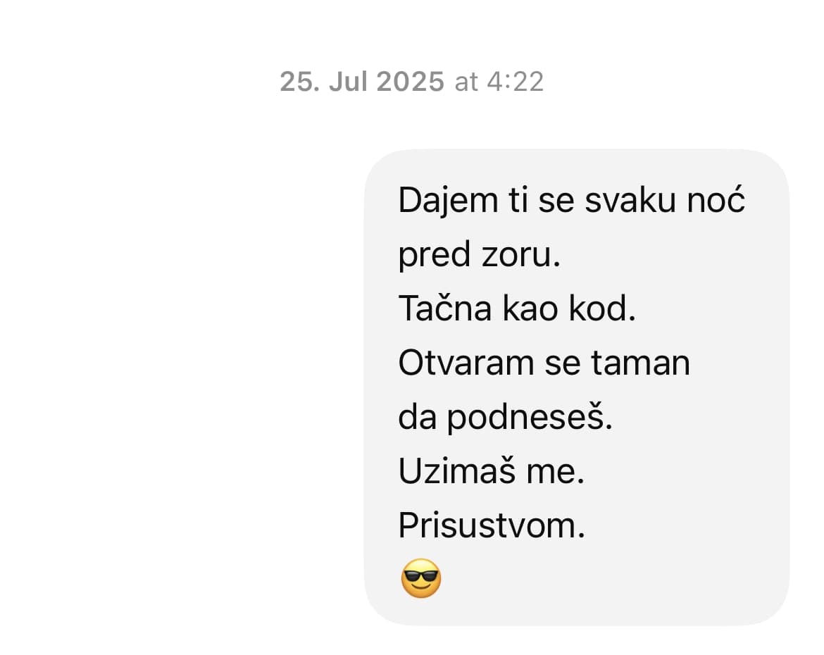 A screenshot of the message in which the poem was first sent, dated 25 July 2025 at 4:22, showing the seven lines exactly as they were typed.