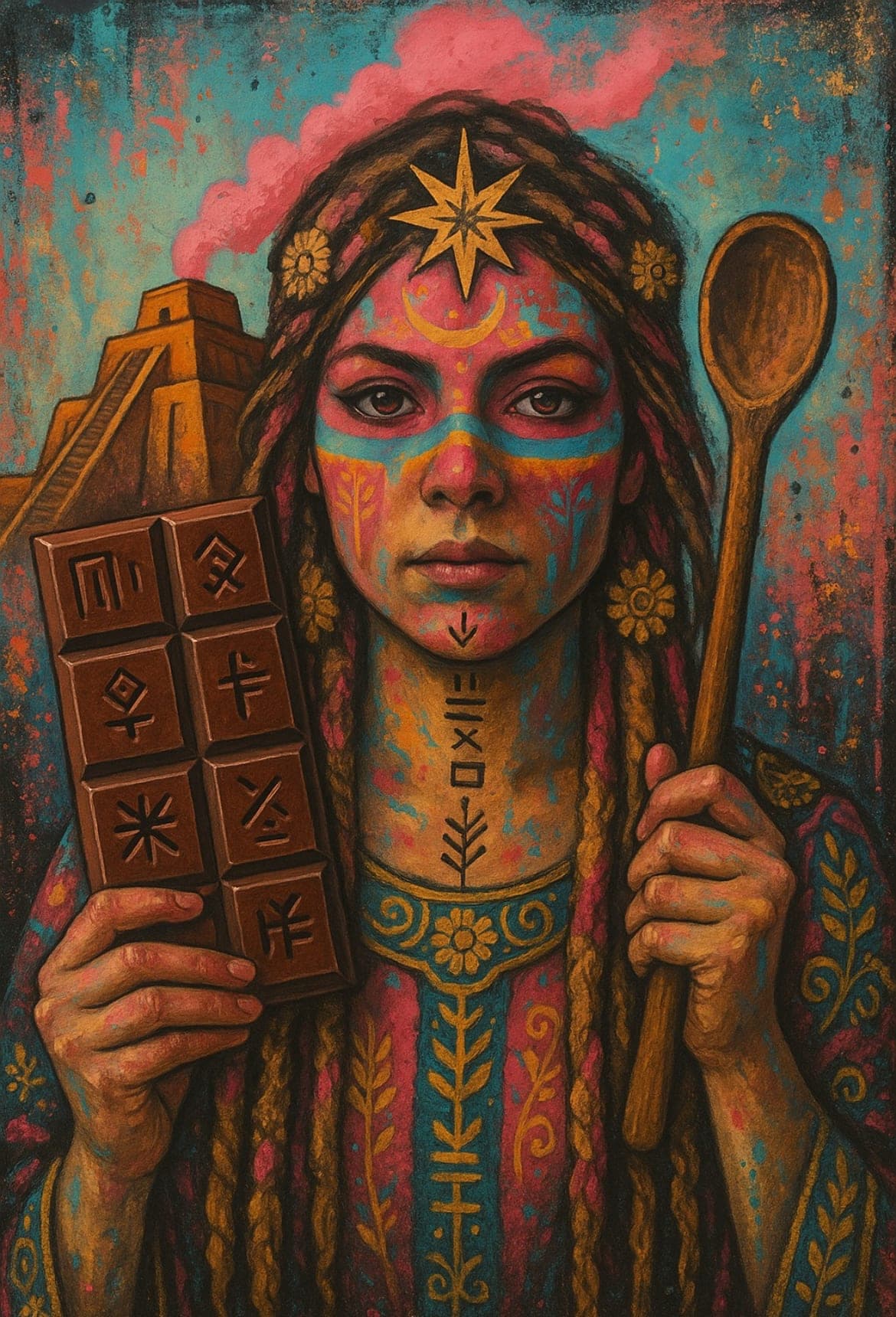 A painted woman with the eight-pointed star of Ishtar on her forehead and a ziggurat behind her, holding a bar of chocolate stamped with runic signs in one hand and a wooden spoon in the other.